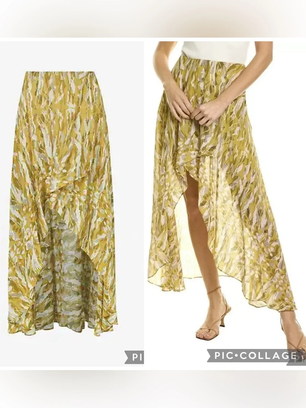 AllSaints Slvina Oniyuri Yellow Multi Camo Print Asymmetric Maxi Skirt Size 8